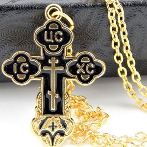 Eastern Orthodox Black and Gold Enamel Cross Necklace | Handmade Religious Jewelry | Orthodox Crucifix Necklace | Orthodox Jewelry Shop
