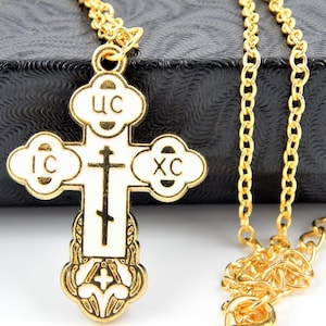 Christian Orthodox White Enamel Gold Cross Necklace | Orthodox Jewelry Crucifix | Christian Jewelry | Byzantine Cross Necklace Unisex