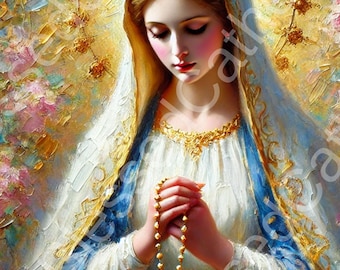 Illustrazione della Madonna del Rosario: Vergine Maria cattolica da stampare (download digitale)