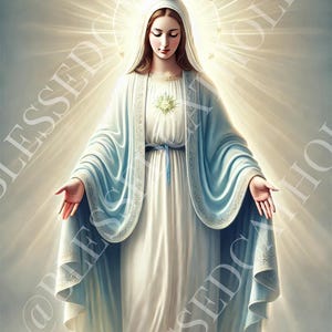 Könnte beinhalten: Ein Gemälde der Jungfrau Maria, dargestellt in einem weißen Kleid und einem blauen Gewand, mit einer goldenen Krone auf dem Kopf. Sie steht mit ausgestreckten Händen da, umgeben von einem strahlenden Licht.
