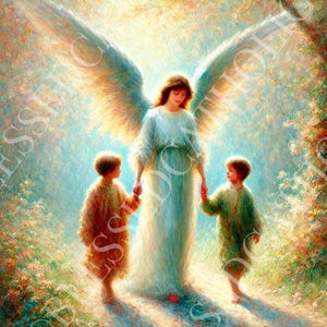 Guardian Angel Walking with Children Digital Downloadable Image | Patron Saint Printable Artwork | Catholic Saint Royalty Free Artwork