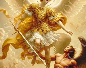 ルシファーを倒す聖ミカエルの絵画：カトリック大天使像（デジタル