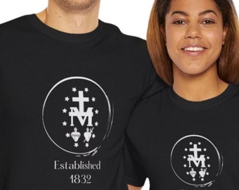 Miraculous Medal Established 1830 T-shirt | Catholic Tshirts for Men and Women | Our Lady of Grace Clothing | Unisex Jersey Short Sleeve Tee