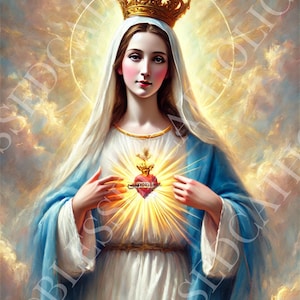 Our Lady of the Sacred Heart Digital Downloadable Catholic Pictures | Mother Mary Printable Artwork | Catholic Royalty Free Artwork
