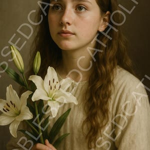 May include: A portrait of a person holding a bouquet of white lilies. The person is wearing a light-colored, long-sleeved garment. The background is a soft, neutral tone, and the image has a classic, artistic feel.