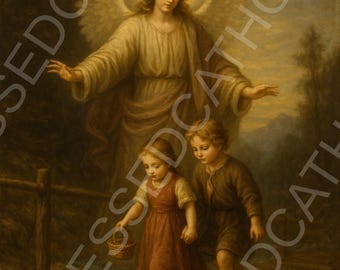 Guardian Angel Watching Over Children: Catholic Digital Art (Instant Download)