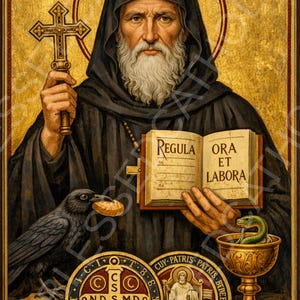 May include: A religious icon depicting a robed figure with a cross and an open book with the text "REGULA ORA ET LABORA". A raven holds bread. Gold accents and the words "SANCTUS BENEDICTUS" and "PAX" are visible.