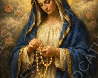 Our Lady of the Rosary Art: Virgin Mary Praying the Rosary Printable (Digital Download)