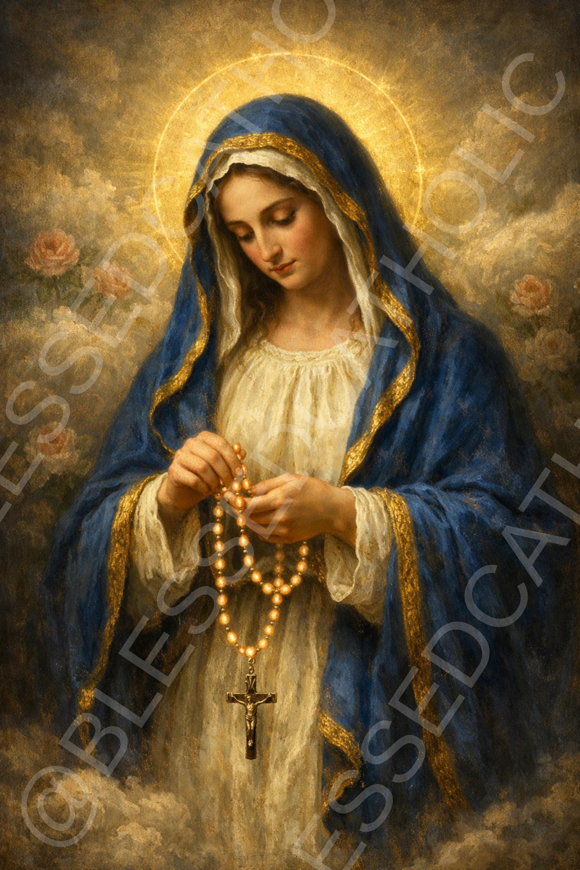 Our Lady of the Rosary Art: Virgin Mary Praying the Rosary Printable ...