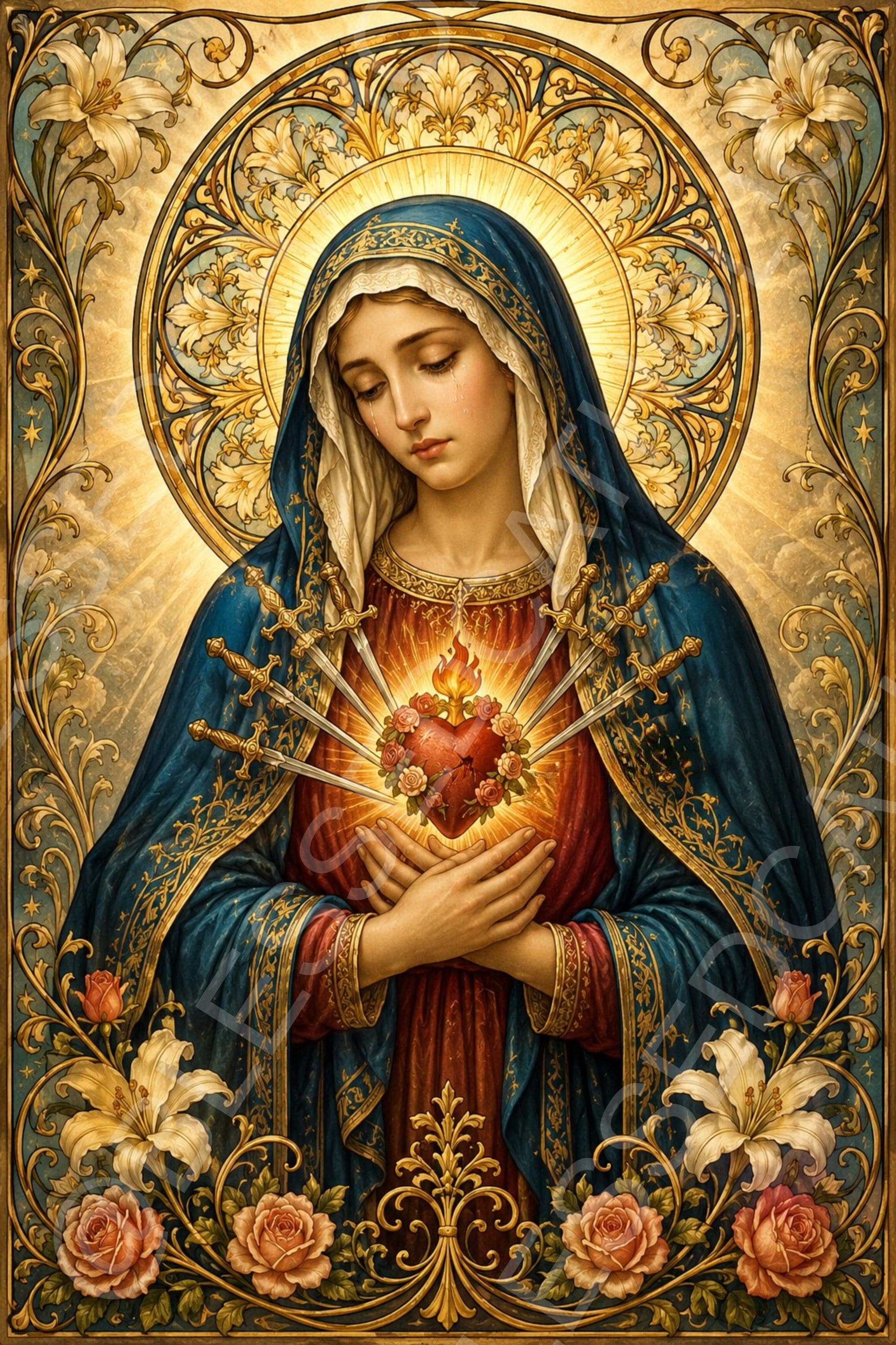 Our Lady of Sorrows Art Nouveau Catholic Artwork: Virgin Mary Sacred ...