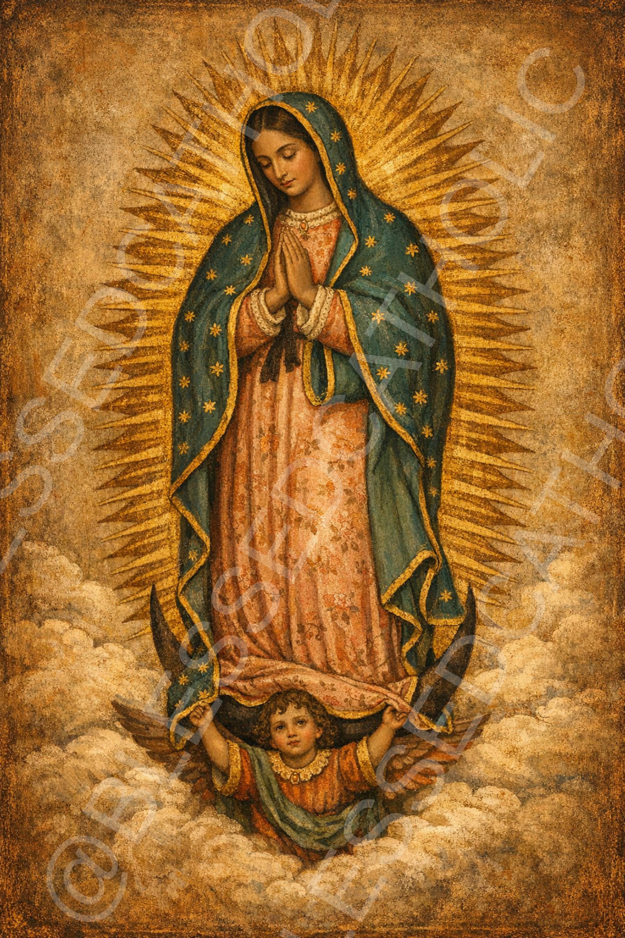 Quadro Su Tela Madonna Di Guadalupe – Dipinto Religioso Retrò 30x45cm, Stampe Di Alta Qualità Con Cornice Interna