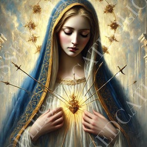 May include: A painting of the Virgin Mary with a golden halo and a crown of thorns. She is wearing a blue robe and has a sorrowful expression on her face. Her heart is pierced with seven swords, symbolizing the seven sorrows of Mary.