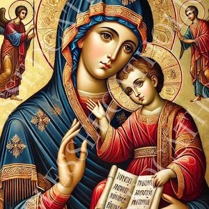 以下が含まれることがあります： 聖母マリアが赤ちゃんのイエスを抱いている宗教的なアイコン。マリアは金色の縁取りと赤い帯が付いた青いローブを着ています。イエスは金色の縁取りが付いた赤いローブを着ています。このアイコンは、金色の背景と人物の周りにハローが描かれた伝統的なスタイルで描かれています。