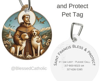 Saint Francis Bless & Protect Personalisierte Haustiermarke | Katholische Katzenhalsbänder | Schutzpatron der Tiere | Hund Heilige | St Francis Pet Medaillen