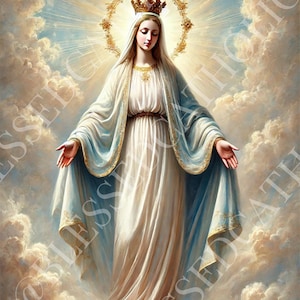 Imágenes católicas digitales descargables de Nuestra Señora de las Gracias / Obra de arte imprimible de la Virgen María / Obra de arte libre de regalías de la Madre de Dios católica
