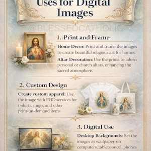 Infographic explaining how to use digital Catholic images after Etsy purchase, including instant download steps, where to find files in Etsy account, printing options at home or through a print shop, and creative ways to use devotional artwork in prayer corners, framed wall decor, gifts, and sacred spaces. Designed in a soft elegant style to guide buyers through the digital download process.