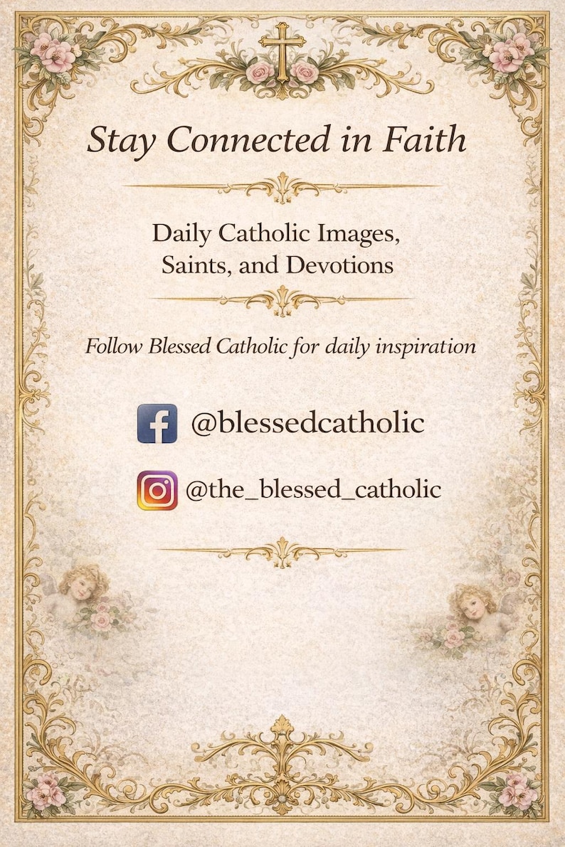 Elegant Catholic-themed social media follow card with ornate vintage gold floral border, radiant cross at the top, and soft cherub accents. Text reads “Stay Connected in Faith” and invites viewers to follow Blessed Catholic for daily Catholic images, saints, and devotions. Includes Facebook handle @blessedcatholic and Instagram handle @the_blessed_catholic in a classic devotional antique parchment style
