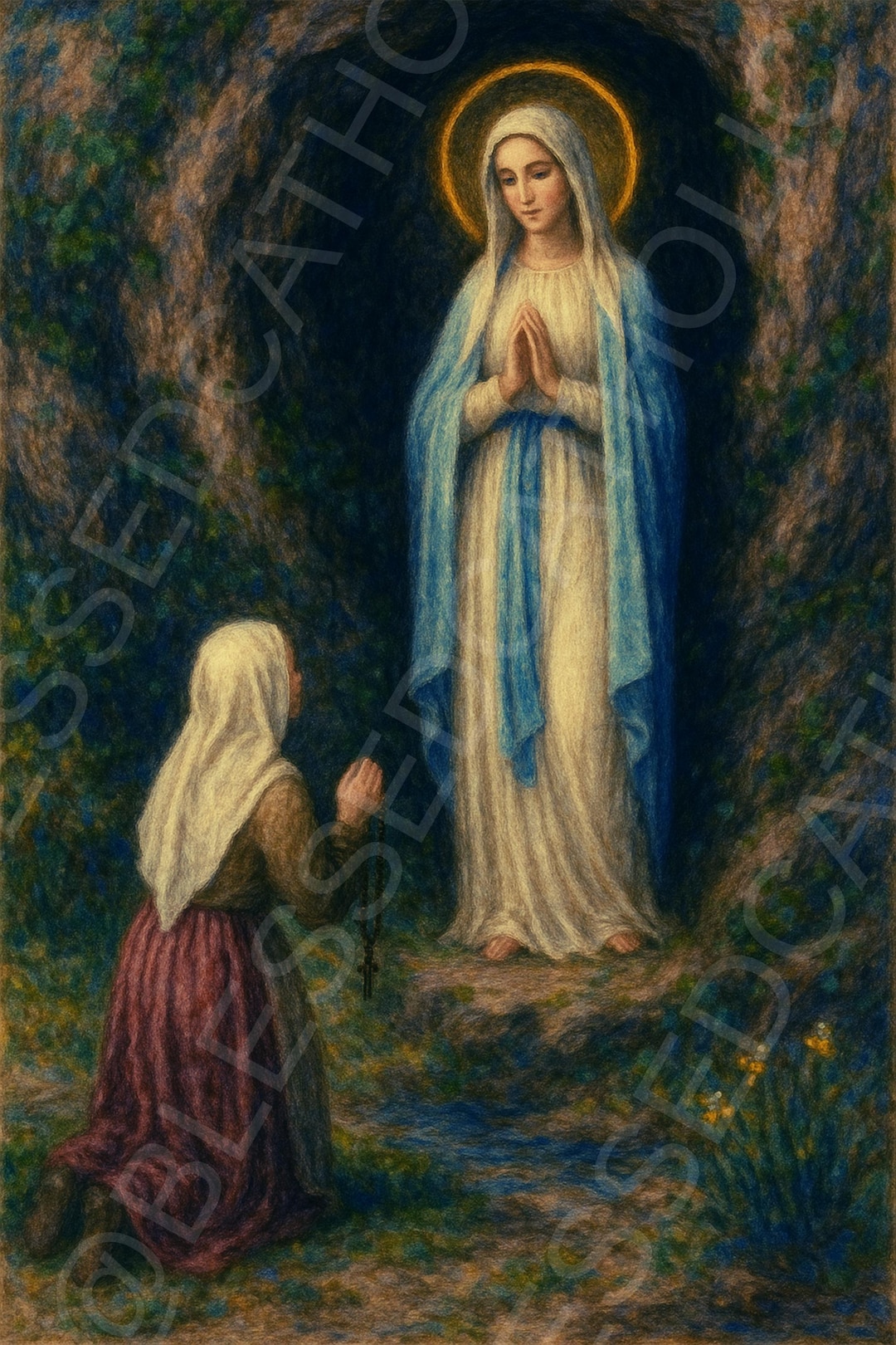 Our Lady of Lourdes Print: Catholic Virgin Mary & Saint Bernadette ...
