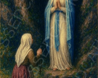 Our Lady of Lourdes Print: Catholic Virgin Mary & Saint Bernadette (Digital Downloadable Artwork)