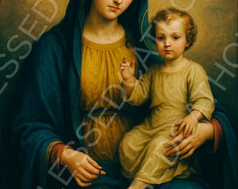 Stampa artistica della Madonna del Rosario: Vergine Maria e Gesù Bambino (download digitale)