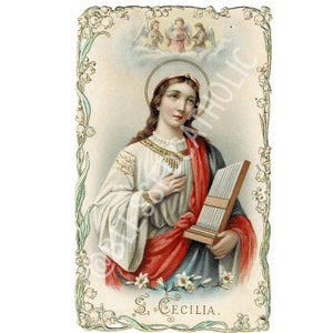 Antica immagine di preghiera cattolica digitale di Santa Cecilia / Immagine sacra della santa dei musicisti / Santi della musica / Opera d'arte royalty free del santo patrono