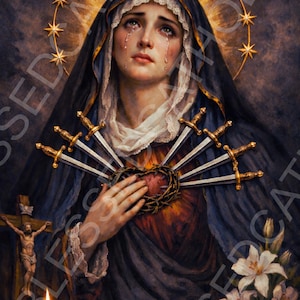 Traditional Catholic image of Our Lady of Sorrows shown in a rich, Renaissance-inspired oil painting. Mary gazes upward in sorrow with tears on her cheeks, her Immaculate Heart encircled by a crown of thorns and pierced by seven swords. A radiant halo of twelve stars surrounds her head, symbolizing her queenship. The dark background, candlelight, crucifix, and lilies enhance the contemplative tone, making this artwork suitable for devotional use, chapels, or home prayer spaces.