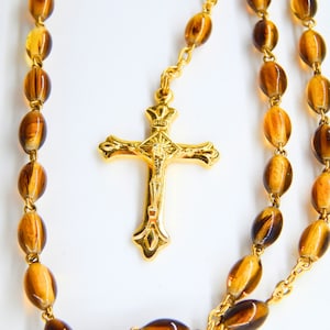 Catholic Rosary with Tiger Eye Beads | Our Lady of Mount Carmel Sacred Heart Centerpiece | Gold Crucifix Catholic Prayer Beads 107