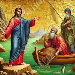 May include: A religious icon depicting Jesus Christ standing on a rock, with his right hand raised in blessing. Two fishermen in a boat are pulling in a net full of fish. The scene is set against a backdrop of a blue sky and a green sea.