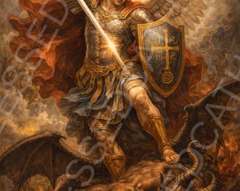 Saint Michael Slaying Satan Art: Catholic Patron Saint Image (Digital Download)