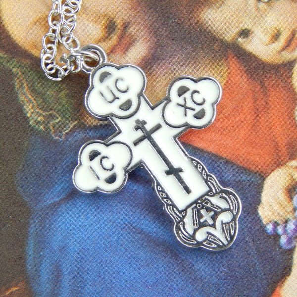 Christian Orthodox Enamel Cross Necklace | Handmade Orthodox Necklace | Christian Jewelry Shop | White Silver Orthodox Cross Necklace