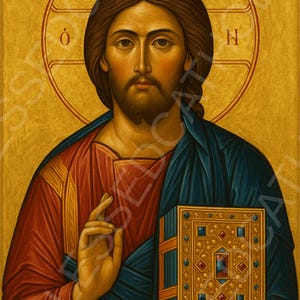 May include: An icon depicting a figure with brown hair and a beard, wearing a red and blue robe. The figure holds a decorated book and is surrounded by a gold halo with Greek letters. The background is a golden color.