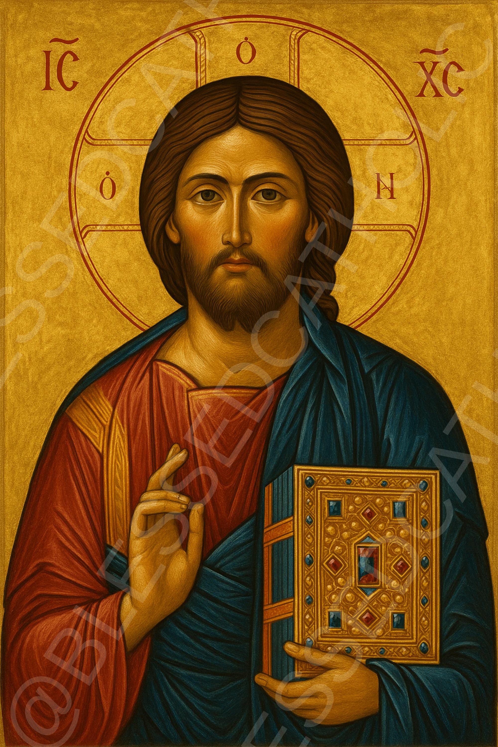 アンティーク宗教画 イコン 全能者ハリストス パントクラトール 骨董品