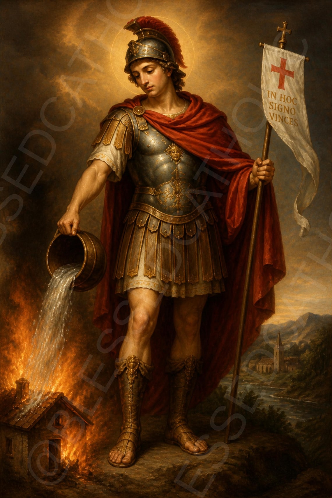Saint Florian Catholic devotional art in classical Renaissance oil painting style, Roman soldier in detailed armor with red cloak pouring water from a vessel onto a burning building at his feet, flames glowing warmly while water visibly extinguishes the fire, calm noble expression, soft golden halo, dramatic lighting, patron saint of firefighters religious wall art printable for home decor, firefighter gift idea, traditional Christian artwork with rich textures and historic feel