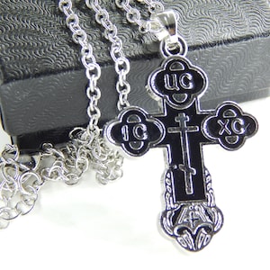 Eastern Orthodox Black and Silver Enamel Cross Necklace | Handmade Religious Jewelry | Orthodox Crucifix Necklace | Orthodox Jewelry Unisex