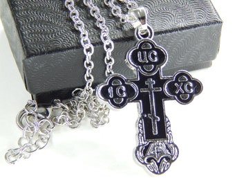 Eastern Orthodox Black and Silver Enamel Cross Necklace | Handmade Religious Jewelry | Orthodox Crucifix Necklace | Orthodox Jewelry 8070