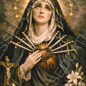 Our Lady of Sorrows devotional artwork in a classical oil painting style, featuring the Virgin Mary with tears flowing down her face, her heart pierced by seven swords symbolizing her Seven Sorrows. A golden halo with twelve evenly spaced stars crowns her head, while she wears a dark mantle and white veil. The image includes a crucifix, candles, skull, and white lilies, creating a solemn, reverent atmosphere rooted in traditional Catholic iconography, ideal for prayer corners