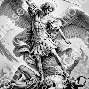 Puede incluir: Un dibujo en blanco y negro de un ángel con alas, sosteniendo una espada, de pie sobre un demonio caído con cuernos. El ángel lleva armadura y una túnica fluida. El demonio está tendido de espaldas con los brazos extendidos.