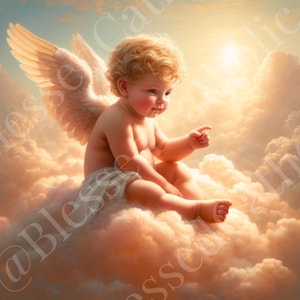 Baby Cherub Angel on a Cloud Digital Downloadable Image | Guardian Angel Printable Artwork | Catholic Angels Royalty Free Artwork