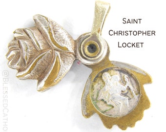 Vintage Saint Christopher - Infant Jesus of Prague Catholic Locket Medal | Safe Travel Saint Sacramental Charms | Patron Saints Medals - 5