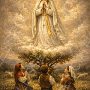 May include: An artistic painting depicts a religious scene. A woman in white robes with a golden halo is above three children kneeling in prayer. The children are in a field with a tree and sheep.