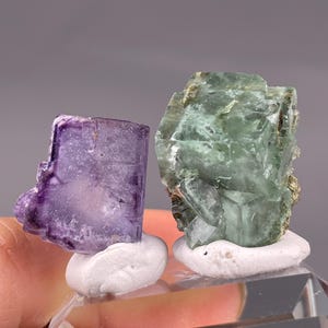 Raw Fluorite Mineral Set: Green Inclusion & Purple Zoned Crystals - Educational Geological Specimen Display