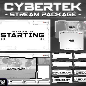 May include: Black and white stream overlay template with the text "CYBERTEK - STREAM PACKAGE -" at the top. The overlay includes sections for gameplay, new followers, new donations, new subscribers, Facebook, Discord, contact, and about me.