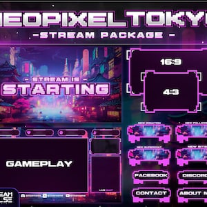 Neon City-geanimeerde stream-overlay-FuturisticAesthetic-PixelArt-PixelCity-Futuristische pixel-overlay-CyberPunk-Twitch-overlay-Panels-overgang