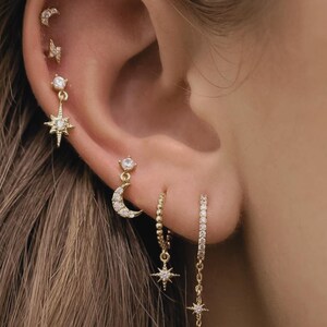 Moon and Star Pave Huggie  Set Earrings, Star and Moon Dangle Earrings, Lightning Stud Earrings, Gold Silver Celestial Jewelry Gift for Her