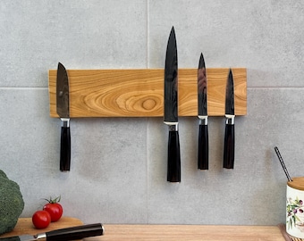 Portacuchillos magnético de madera de cerezo: almacenamiento de cocina montado en la pared