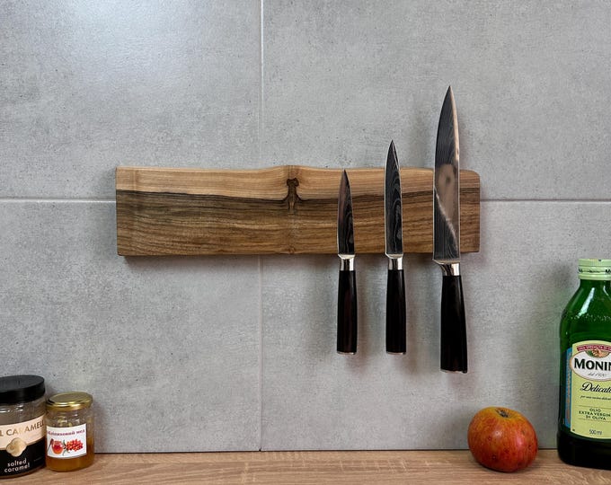 Live Edge Walnut Magnetic Knife Holder: Wall Mounted knife rack for Kitchen