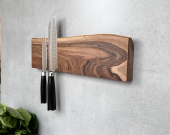 Solid Walnut Knife Holder Wall Mount – Natural Wood Magnetic Kitchen Organizer