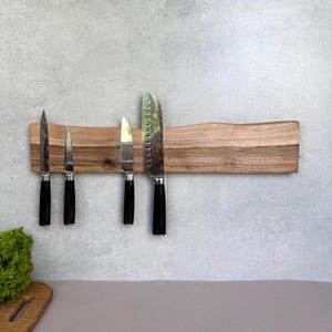 Handmade Walnut Knife Holder – Magnetic Knife Rack with Live Edge, Wall Mount Storage, Kitchen Organization, Natural Wood Accent