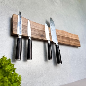 Magnetic Knife Holder Walnut – Wall Mounted Knife Rack, Knife Storage, Magnetic Knife Block, Kitchen Organization & Knife Stand