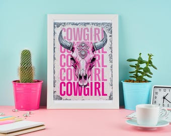 Cowgirl Bull Pink Print Wall Art Digital Download bedroom living room